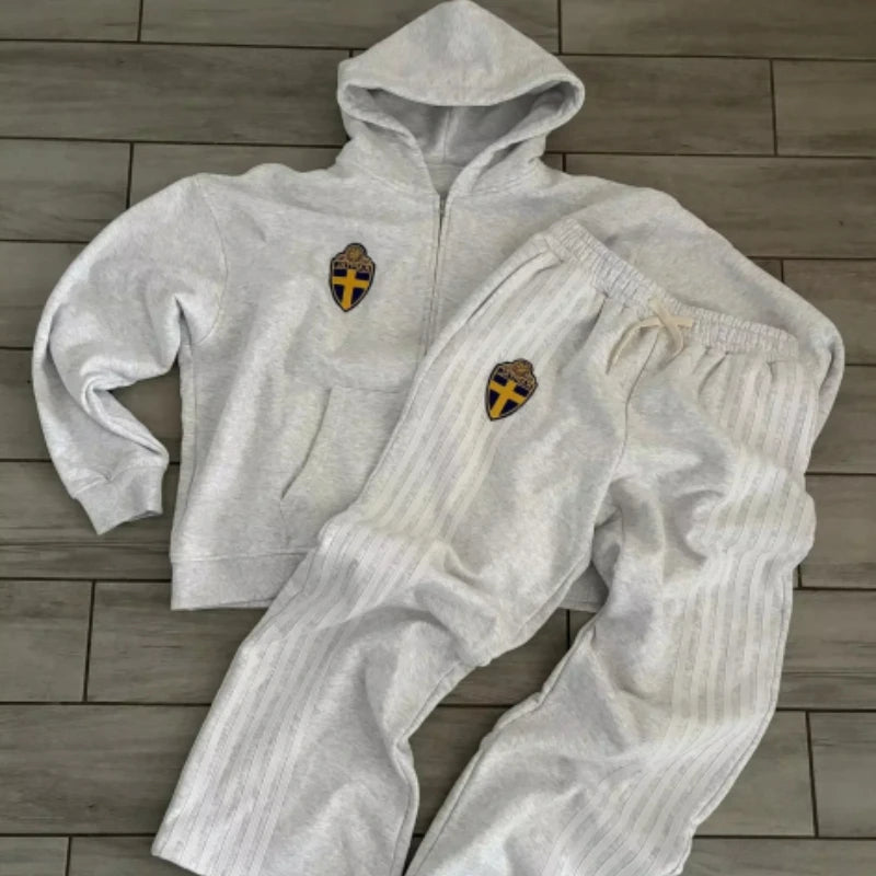 Y2K Zip Hooded Sweatpants Set Men Two Piece